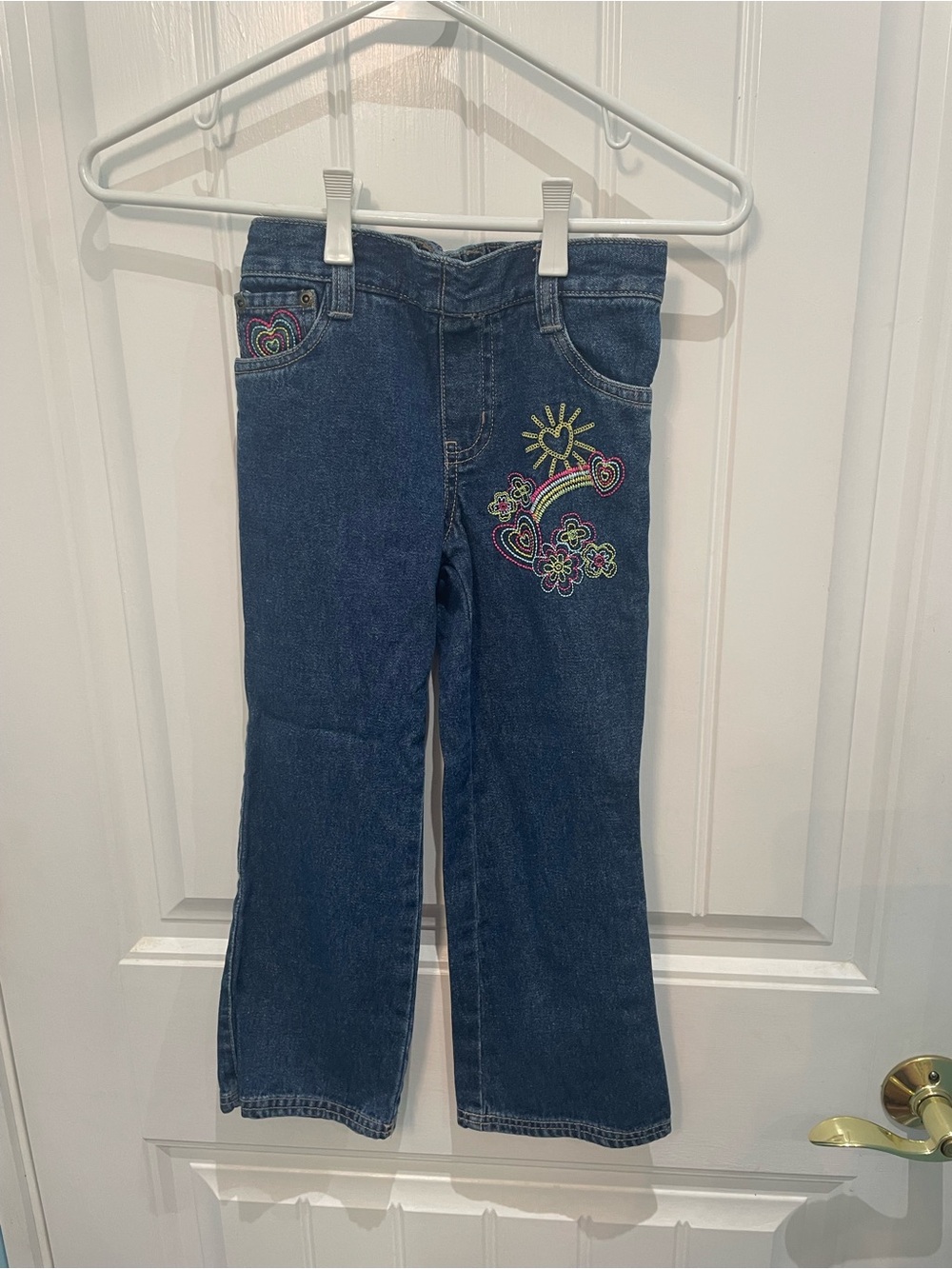 Cherokee Dark Blue Girls' Flare Jeans with Rainbow & Heart Embroidery
